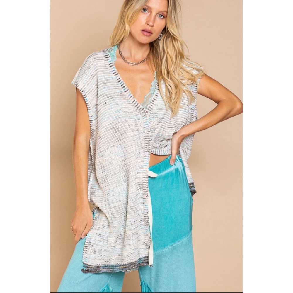 POL Ivory & Blue Multi V Neck Button Front Cap Sleeve Long Cardigan - Picture 7 of 8